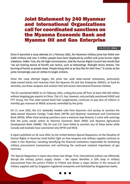 Joint Statement by 240 Myanmar and International Organizations call for coordinated sanctions on the Myanma Economic Bank (MEB) and Myanma Oil and Gas Enterprise (MOGE)